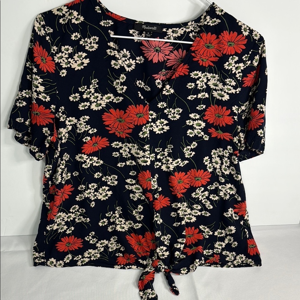 Madewell Black and Red Tie Front Blouse with Peter Pan Collar